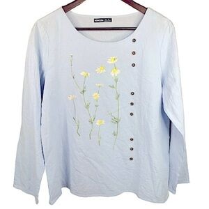 Noracora Blue Cotton Top with Daisies and Buttons Ladies Medium Long Sleeve Top